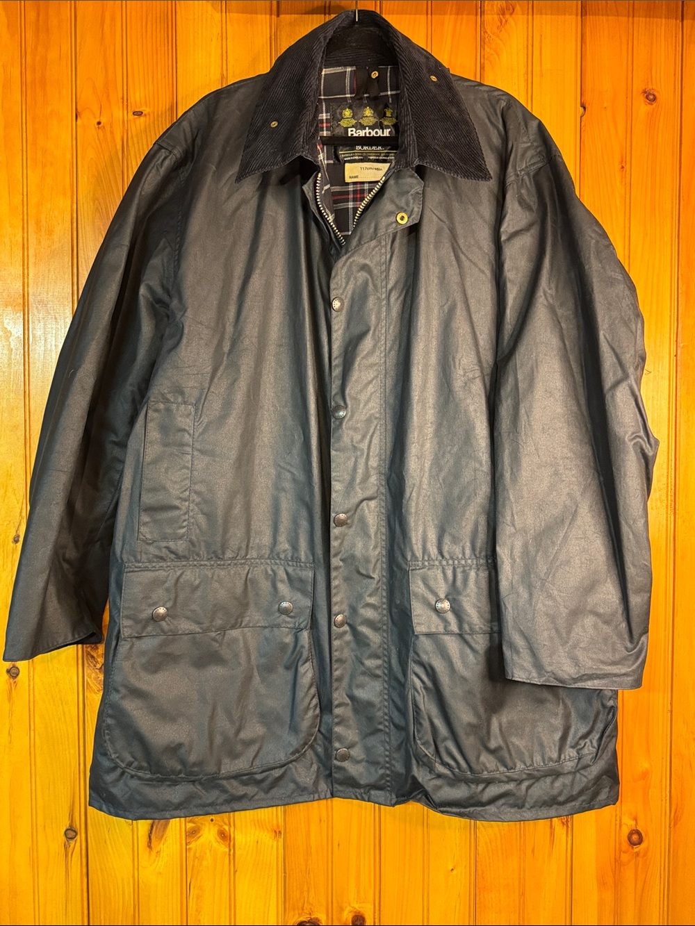 Barbour Border Wax Jacket in Navy with Corduroy Collar and Plaid Lining - Picture 1 of 16